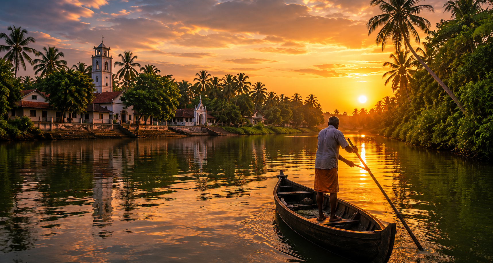 Fisherman rowing a wooden canoe at sunrise on the Kerala backwaters