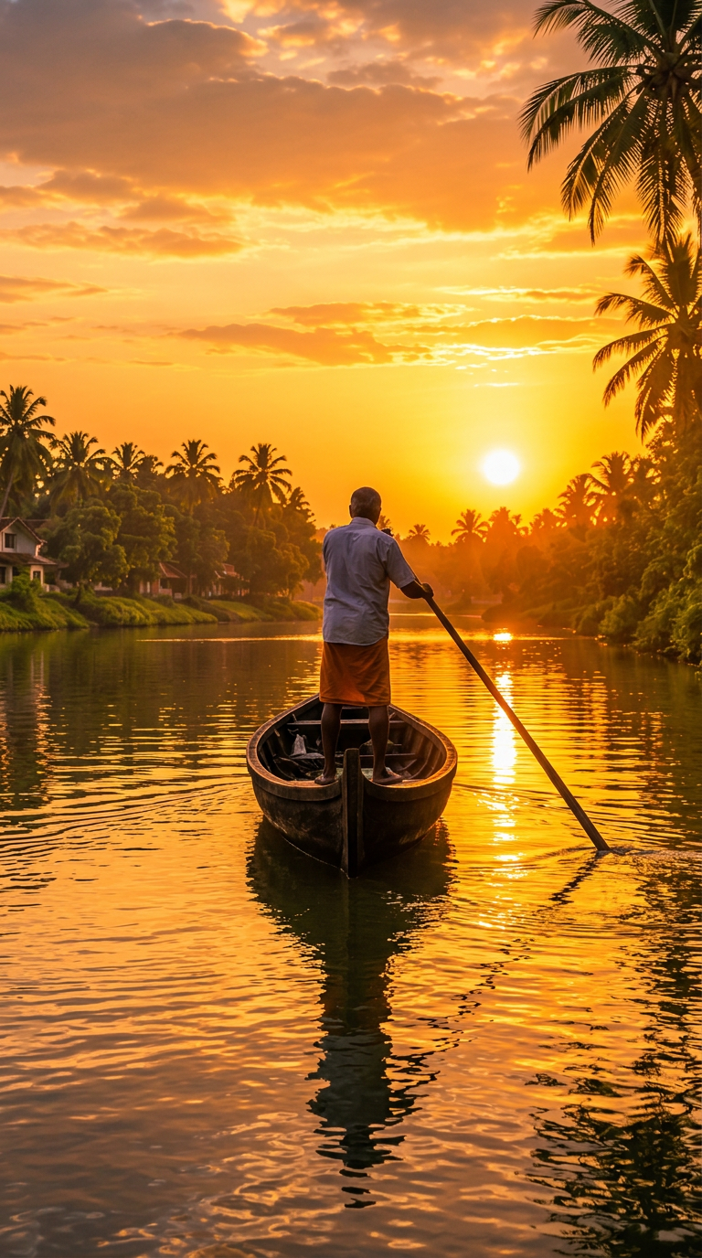 Fisherman rowing a wooden canoe at sunrise on the Kerala backwaters